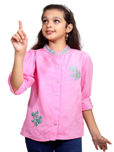 

Ishin Girls Pink & Green Embroidered Mandarin Collar Shirt Style Top