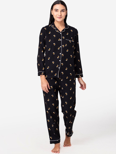 

Fluffalump Women Black & Brown Printed Pure Cotton Flannel Night suit
