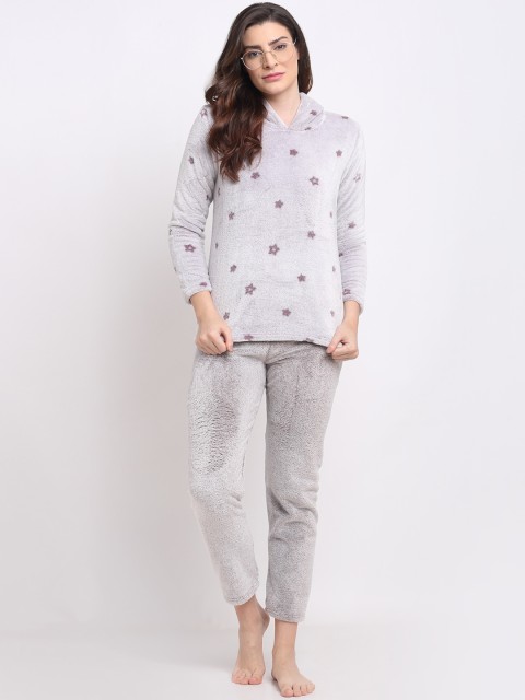 

Kanvin Women Camel Brown & Grey Fur Printed Winter Night suit