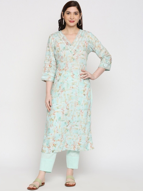 

Orbbaan Women Green Floral Printed Panelled Beads and Stones Linen Kurta with Trousers