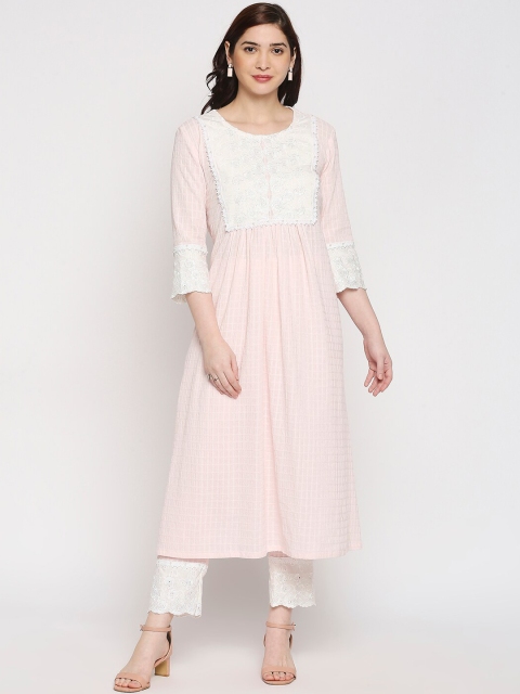 

Orbbaan Women Pink Floral Yoke Design Empire Linen Kurta with Trousers