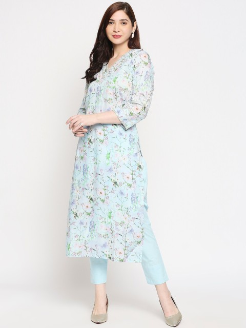 

Orbbaan Women Blue Printed Regular Beads and Stones Linen Kurta with Trousers