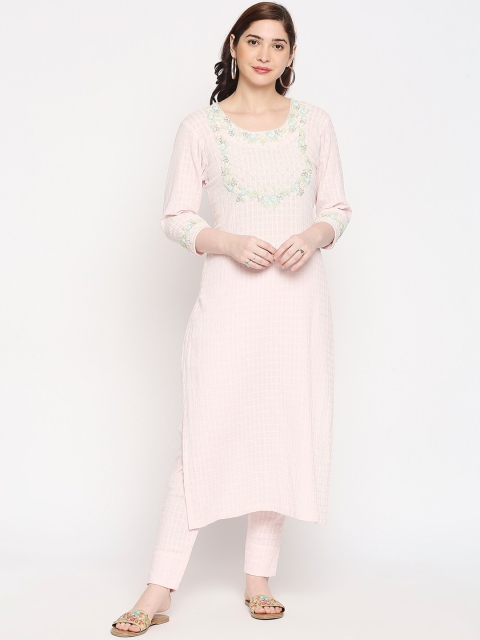 

Orbbaan Women Pink Floral Embroidered Regular Beads and Stones Linen Kurta with Trousers