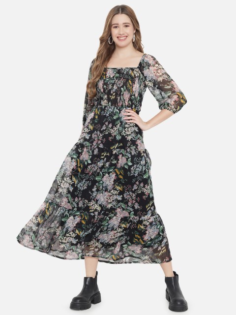 

The Vanca Black & Green Floral Smocking Details Maxi Dress