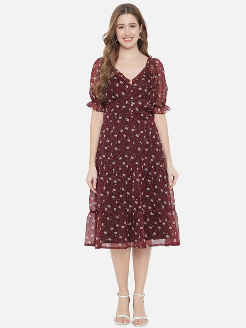 

The Vanca Brown & Beige Floral A-Line Midi Dress