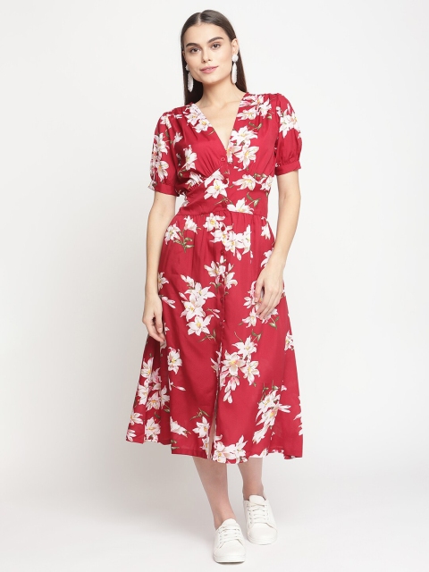 

The Vanca Women Red Floral Midi Front Slit Dress