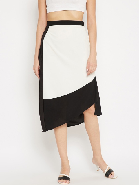 

SECRETS BY ZEROKAATA Women White & Black Colourblocked High-Low Pencil Midi Skirt