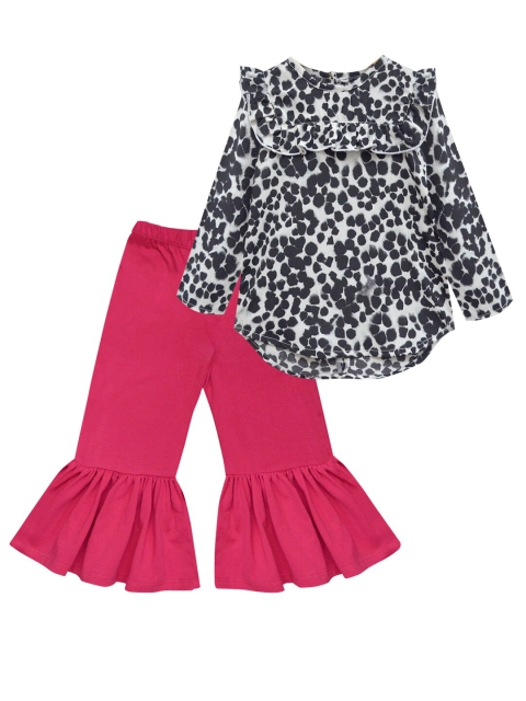 

A.T.U.N. Girls Fuchsia & Grey Printed Top & Ruffled Trouser