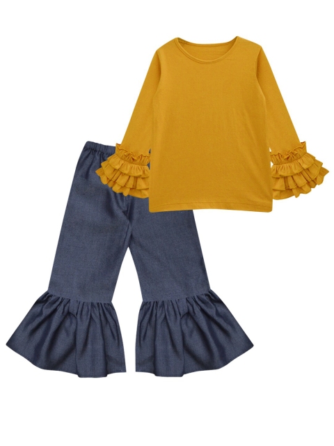 

A T U N Girls Navy Blue & Yellow Ruffle Top with Pyjamas