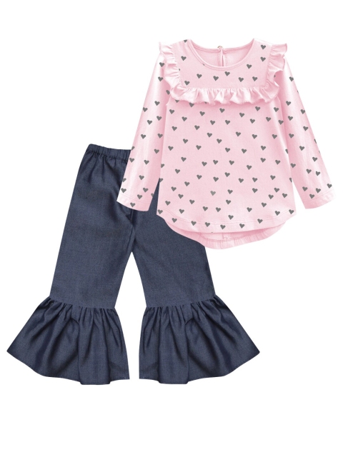 

A T U N Girls Navy Blue & Pink Printed Top with Trousers