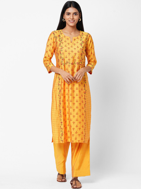 

KAMI KUBI Women Yellow Floral Printed Regular Kurta with Palazzos