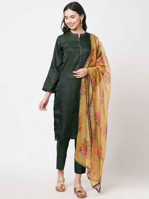 

KAMI KUBI Women Green Regular Kurta with Trousers & Dupatta