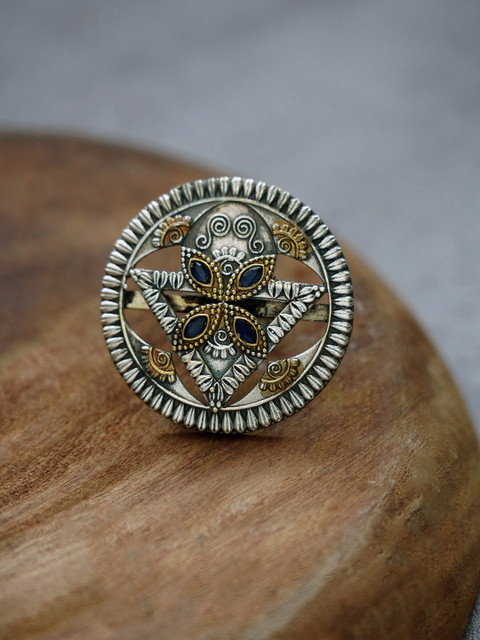 

FIROZA Silver-Toned & Gold-toned Blue Stone-Studded Alcazar Adjustable Finger Ring