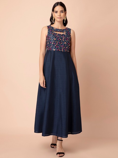 

INDYA Navy Blue Embroidered Cut Out Neck Ethnic Maxi Dress