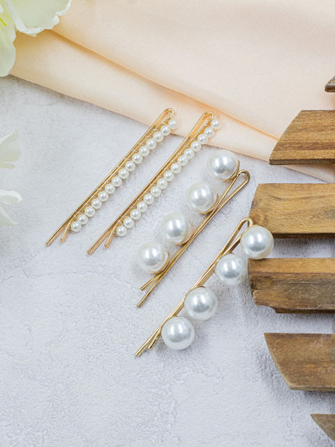 

Bellofox Women Gold-Toned & White Set of 4 Embellished Bobby Pins