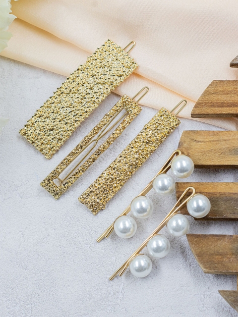 

Bellofox Women Gold-Toned & White Set of 5 Embellished Bobby Pins