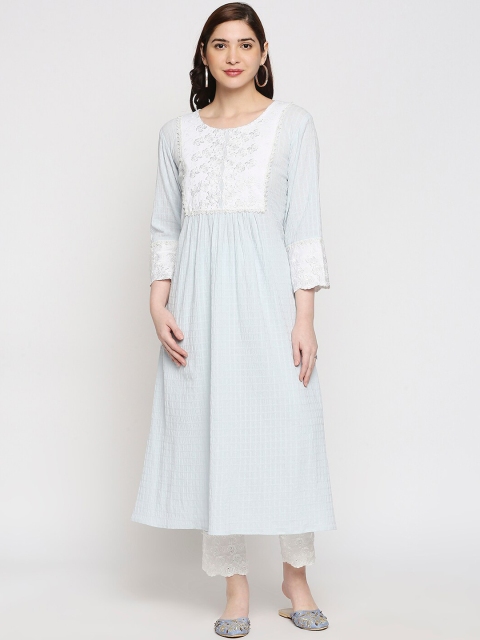 

Orbbaan Women Blue Yoke Design Pleated Patchwork Linen Kurti with Trousers