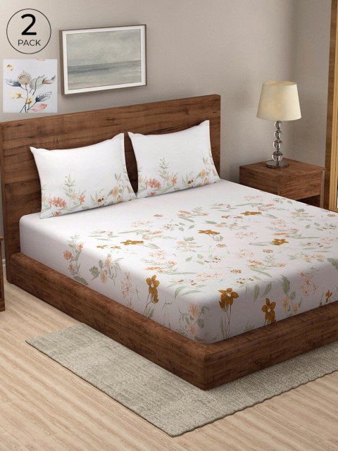 

KLOTTHE Pack of 2 Grey & Pink Floral 210 TC 2 Cotton King Bedsheet with 4 Pillow Covers