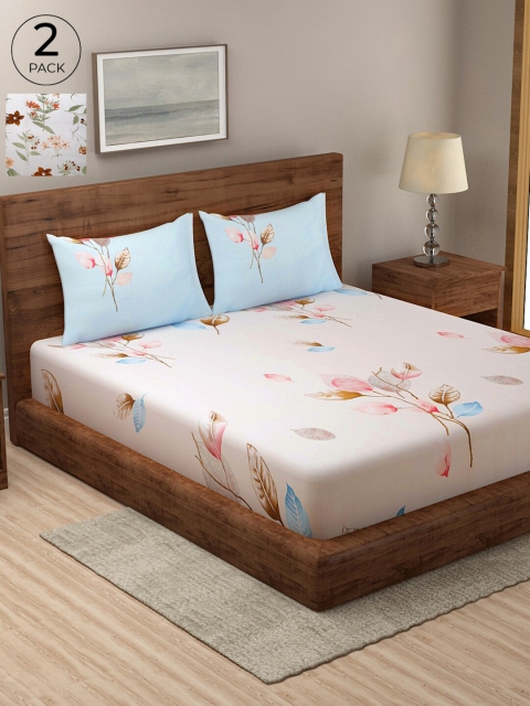 

KLOTTHE Pack of 2 White & Pink Floral 210 TC Pure Cotton King Bedsheet