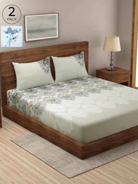 

KLOTTHE Pack of 2 Grey & Blue Floral 210 TC Cotton King Bedsheet with 4 Pillow Covers