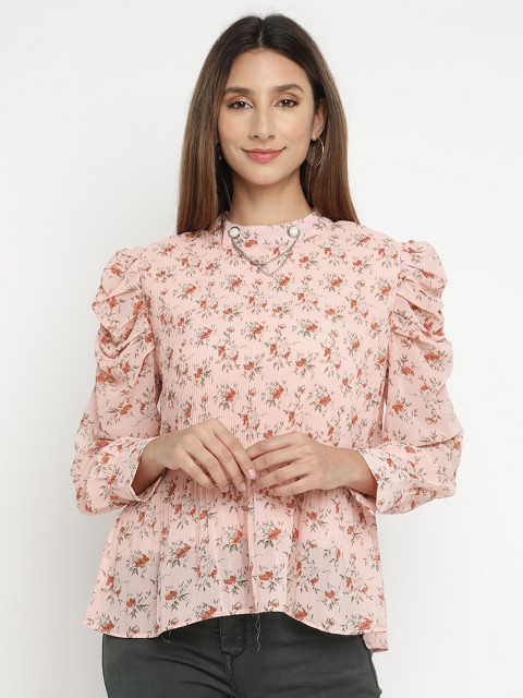 

V2 Value & Variety Peach-Coloured Floral Mandarin Collar Chiffon A-Line Top