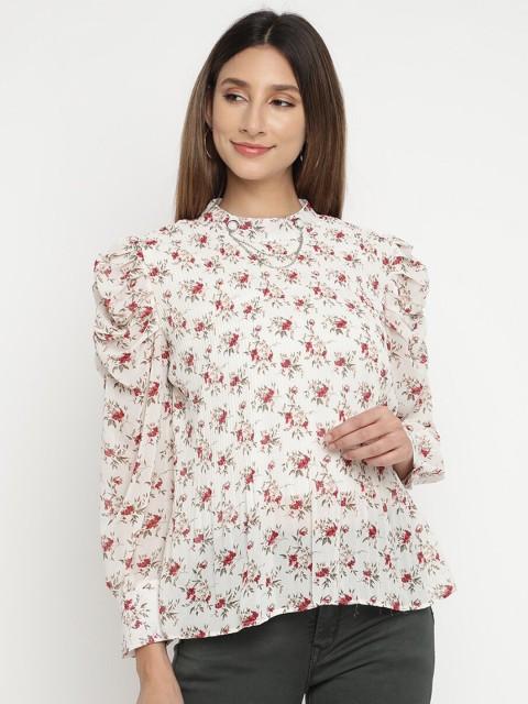 

V2 Value & Variety White Floral Chiffon Styled Back Top