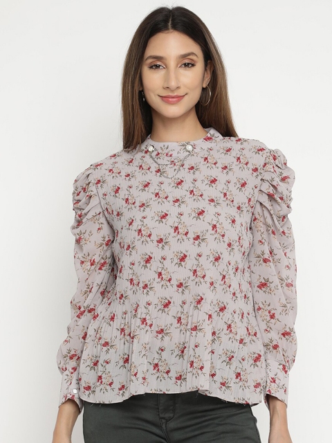 

V2 Value & Variety Grey & Red Floral Chiffon Regular Top