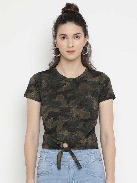 

V2 Value & Variety Olive Green Camo Printed Pure Cotton Regular Top