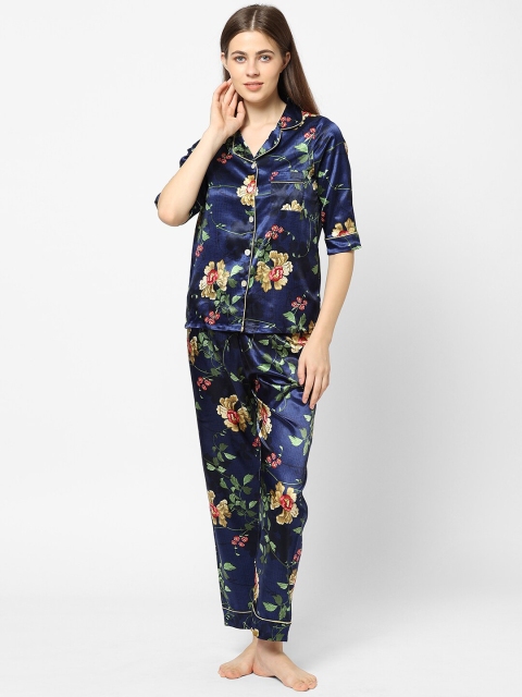 

Sweet Dreams Women Navy Blue & Yellow Printed Satin Night suit