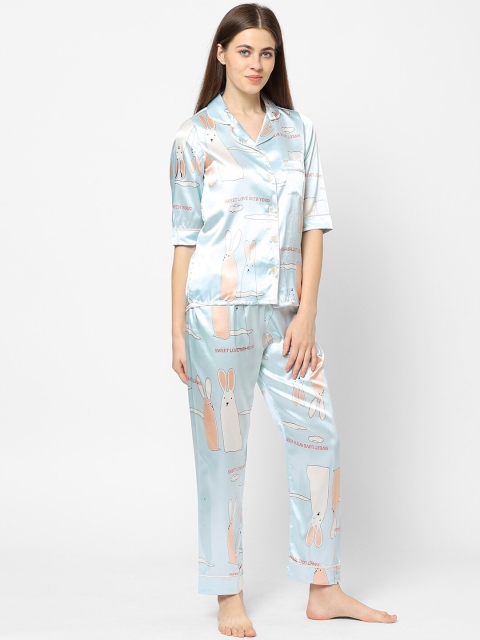 

Sweet Dreams Women Blue & White Printed Satin Night suit