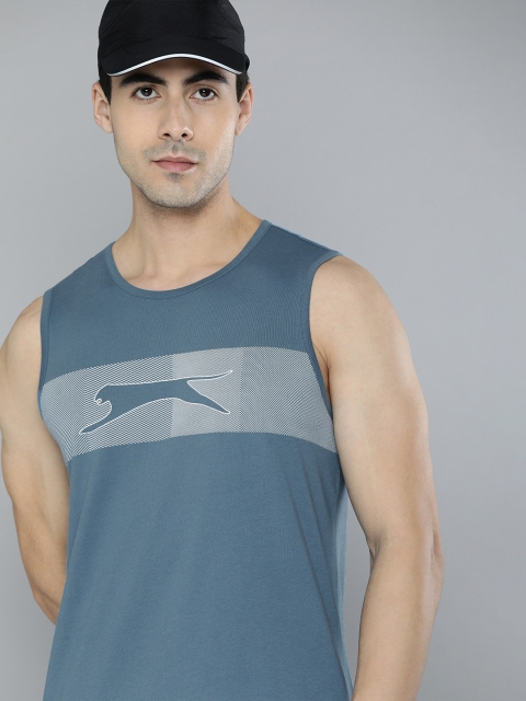 

Slazenger Men Blue & Grey Printed Pure Cotton Sleevless Bio-Wash T-shirt