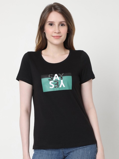 

Vero Moda Women Black & Green Typography Printed T-shirt