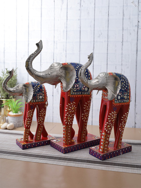 

Aapno Rajasthan Set of 3 Silver & Red Printed Metal Elephant Showpiece