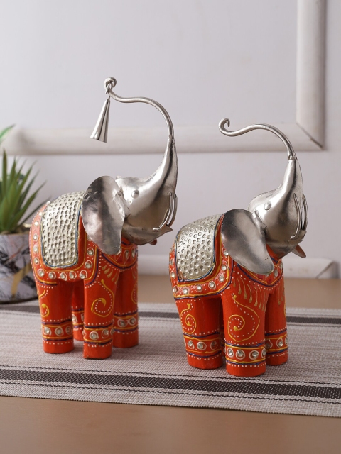 

Aapno Rajasthan Set Of 2 Silver-Toned & Orange Handcrafted Wooden Elephant Showpiece