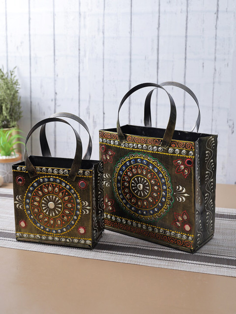

Aapno Rajasthan Set of 2 Black & Red Handcrafted Tote Bag Magazine Holders