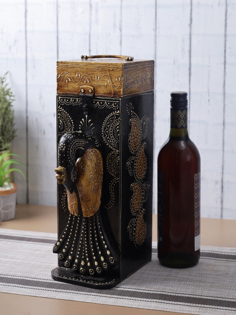 

Aapno Rajasthan Black & Brown Wooden Peacock Wine Holder Box Showpiece