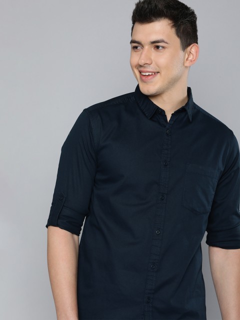 

HERE&NOW Men Navy Blue Solid Pure Cotton Slim Fit Casual Shirt
