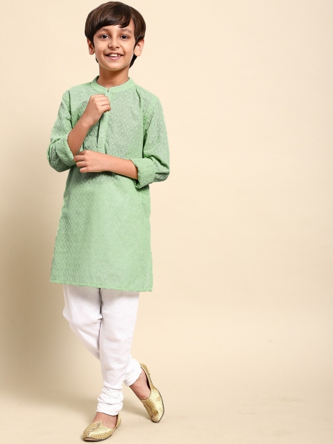 

House of Pataudi Boys Green Ethnic Motif Embroidered Chikankari Kurta