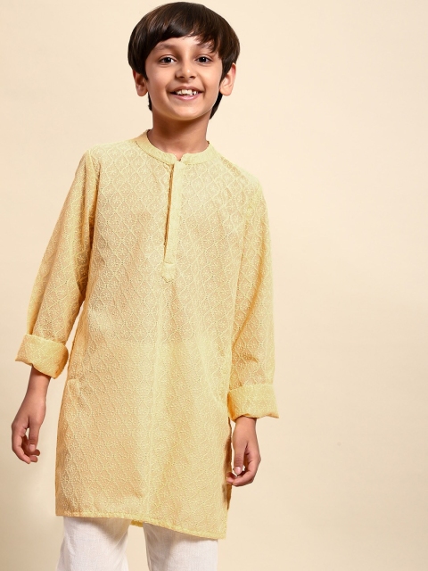 

House of Pataudi Boys Yellow Ethnic Motif Embroidered Chikankari Kurta