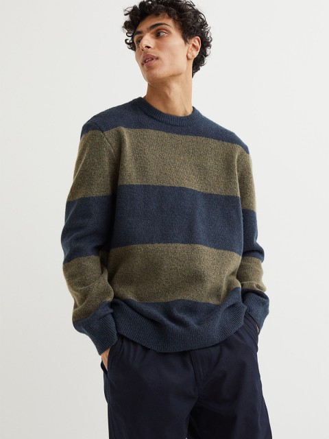 

H&M Men Navy Blue & Green Relaxed Fit Wool-Blend Jumper