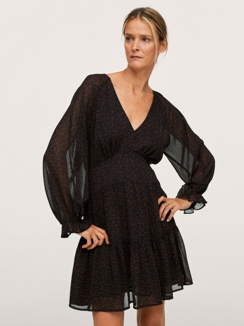

MANGO Women Brown & Black Floral Printed Tiered Empire Dress