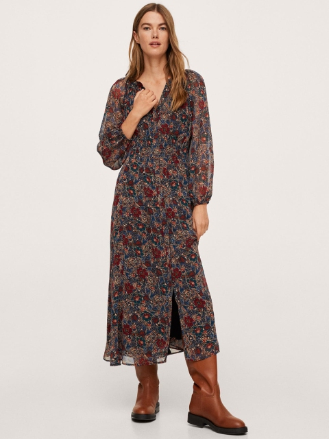 

MANGO Women Blue & Maroon Floral Maxi Dress