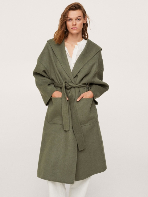 

MANGO Women Olive Green Longline Wrap Coat with a Belt