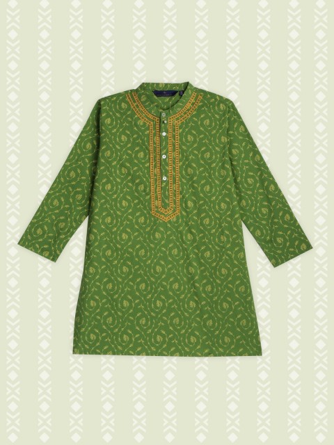 

House of Pataudi Boys Green Cotton Ethnic Motifs Printed Kurta