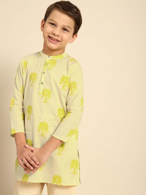 

House of Pataudi Boys Yellow Printed Pure Cotton Kurta
