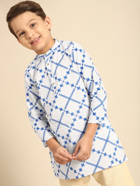 

House of Pataudi Boys White & Blue Printed Pure Cotton Kurta