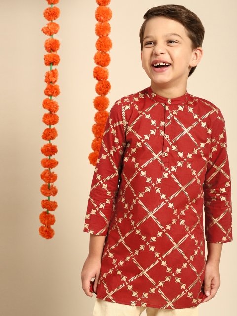 

House of Pataudi Boys Red Printed Pure Cotton Kurta