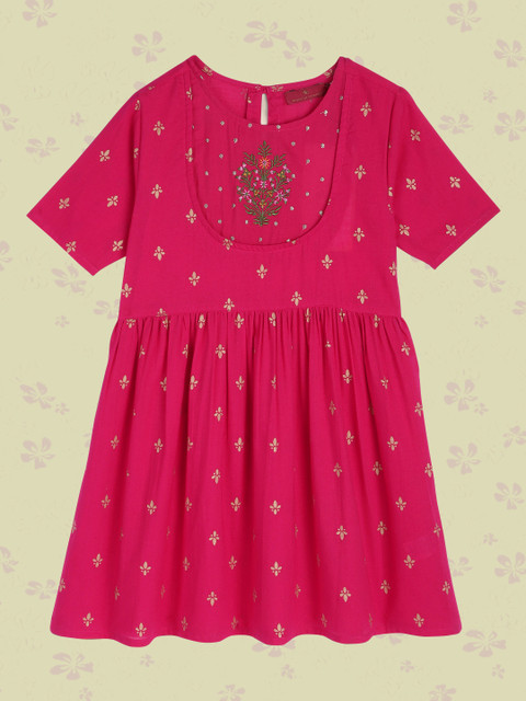 

House of Pataudi Girls Fuchsia Ethnic Motifs Printed Thread Work Cotton Jashn Anarkali