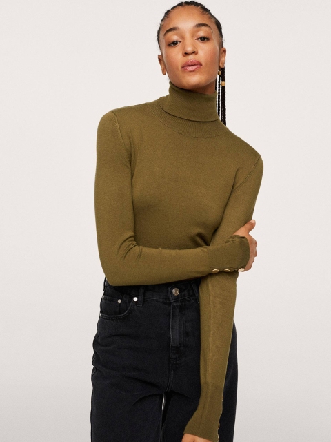 

MANGO Women Olive Green Solid Pullover
