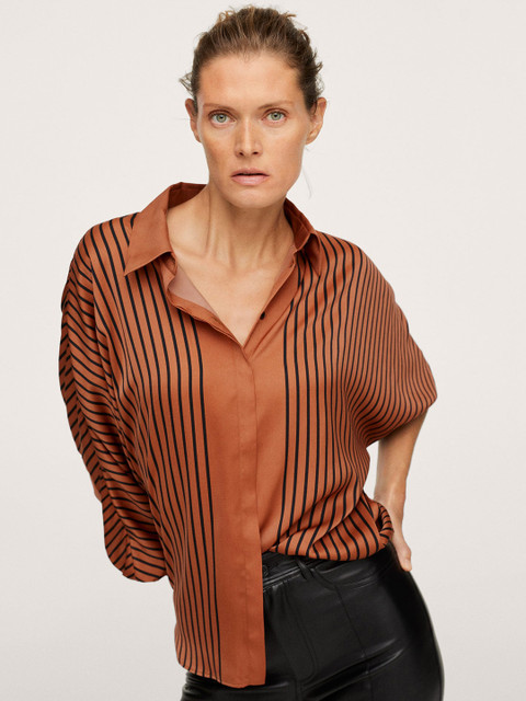 

MANGO Women Rust Pointed Collar Striped Casual Shirt With Bat Winged Sleeves
